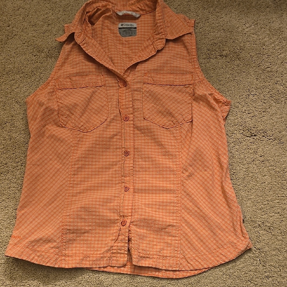 Columbia Titanium Pink Checkered Sleeveless Top With Collar Size Small